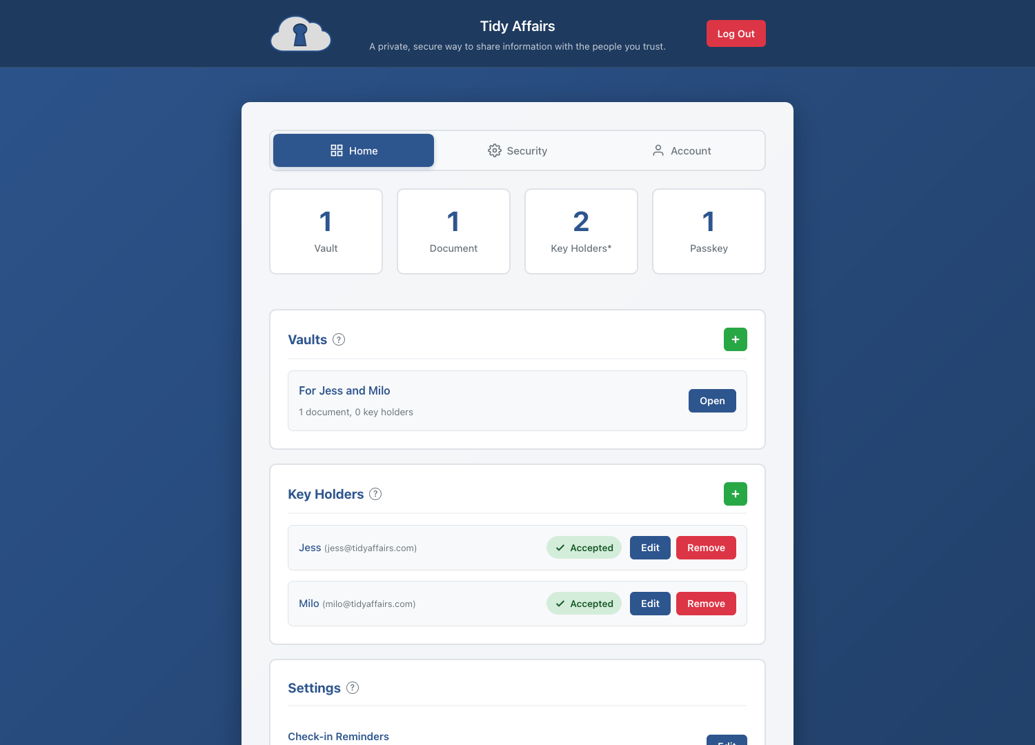 Dashboard overview showing vaults, documents, and key holders