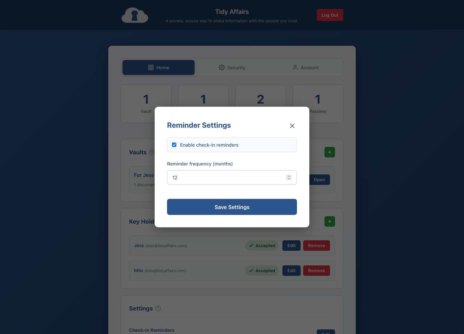 Reminder settings showing check-in frequency options