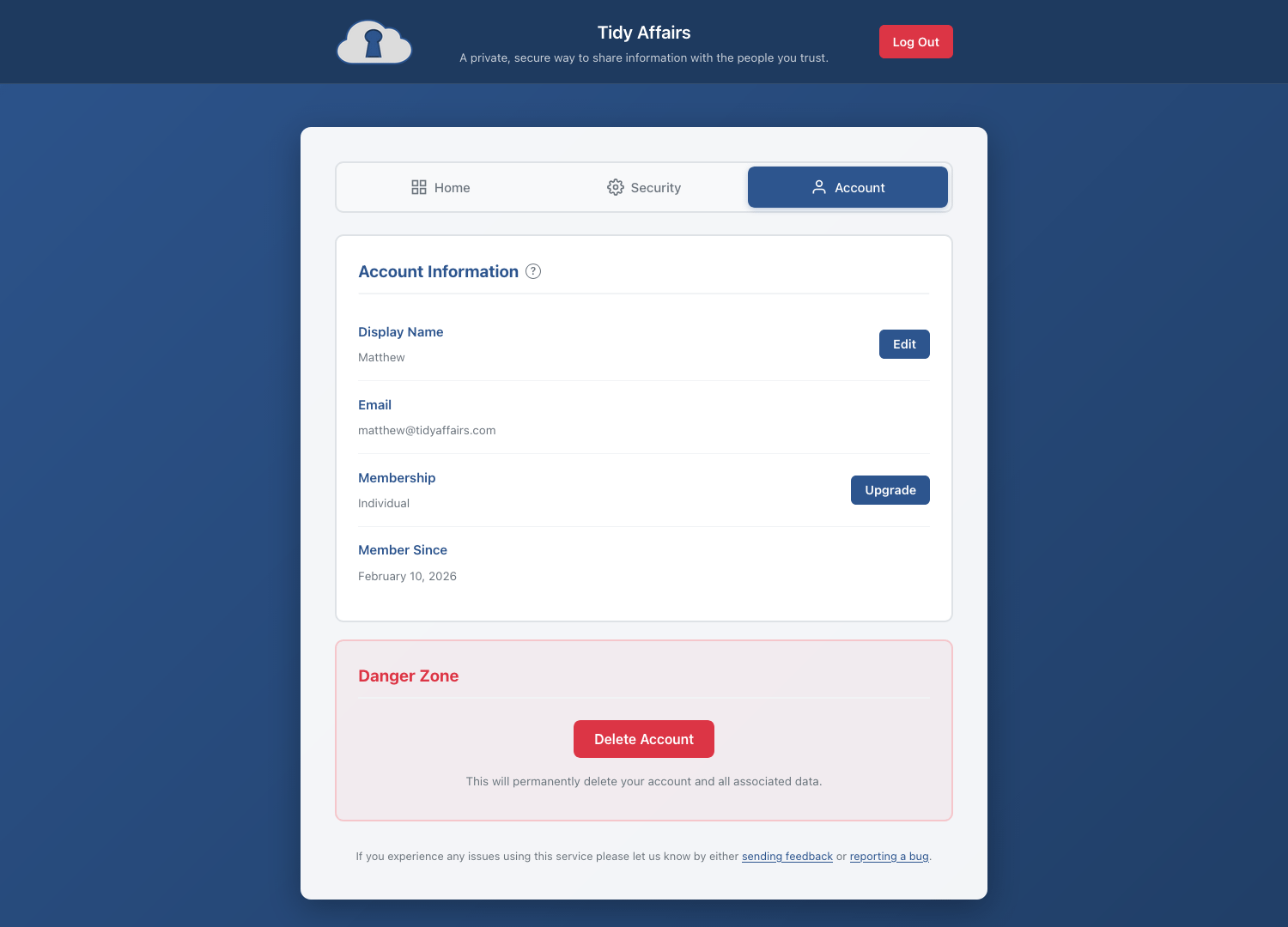 Account settings tab