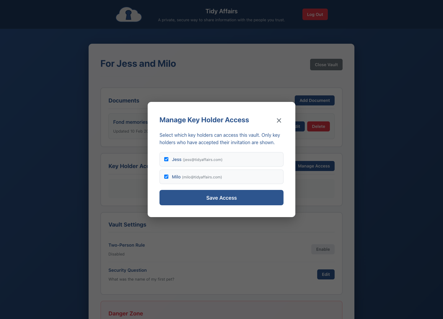 Key holder management screen