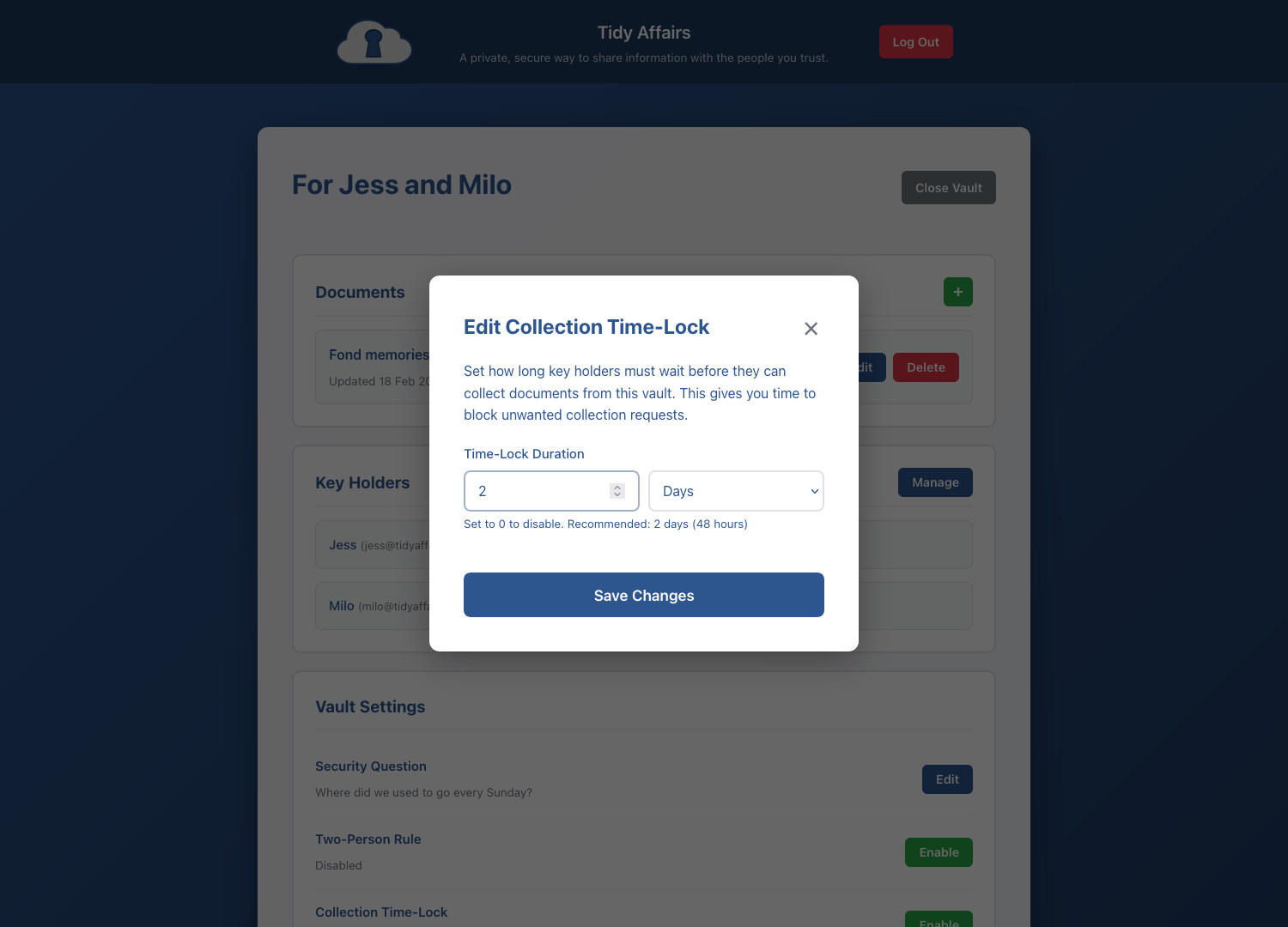 Collection time-lock settings with configurable delay duration